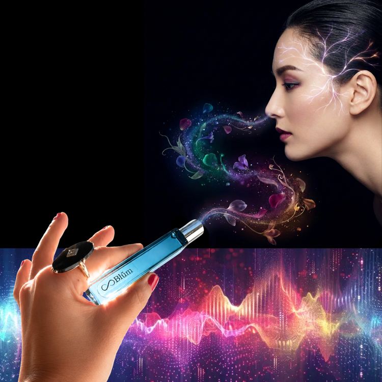A hand holds a blue and silver Blum portable sound wave device, emitting colorful sound waves toward a woman's face against a black background with a multicolor soundwave graphic at the bottom.
