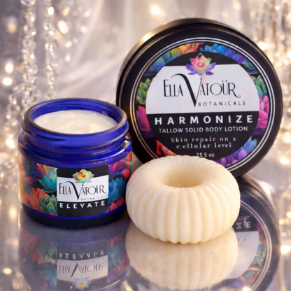 The Ancestral Skin Duo by Ella Vatoür featuring Elevate face balm and Harmonize body lotion for a complete tallow skincare ritual.