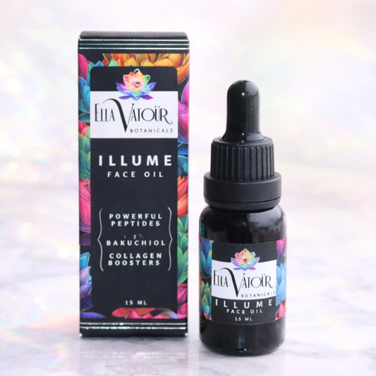 Natural ingredients in ILLUME serum including Blue Tansy, Pomegranate, and Rosehip oil for a calm and even-looking complexion.