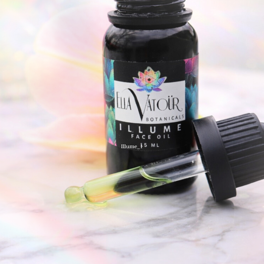 Close-up of a glass dropper with ILLUME face oil, showing the nutrient-rich botanical blend for deep skin nourishment.