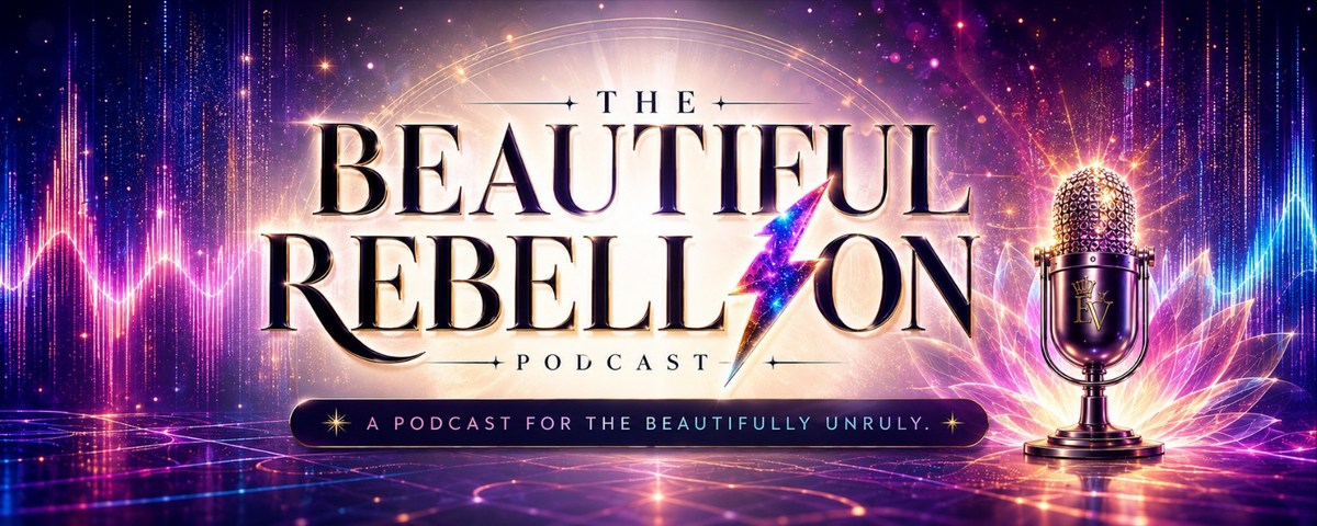Promotional graphic for 'The Beautiful Rebellion Podcast' featuring a glowing vintage microphone on the right, bold stylized title text in the center, and a cosmic purple, pink, and blue background with light effects and soundwave lines.
