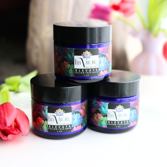 Natural ingredients for tallow face balm including blue tansy and rosehip oil to calm redness and support the skin's moisture barrier.