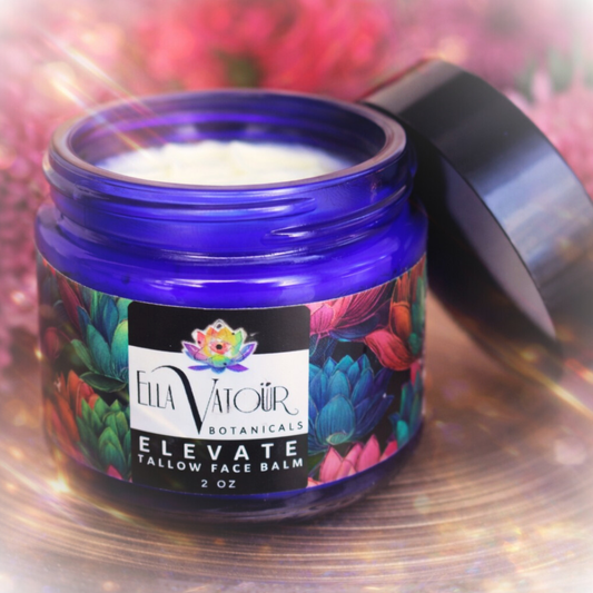 Elevate Tallow Face Balm by Ella Vatoür in a premium glass jar, a nutrient-dense grass-fed beef tallow moisturizer for face and body.