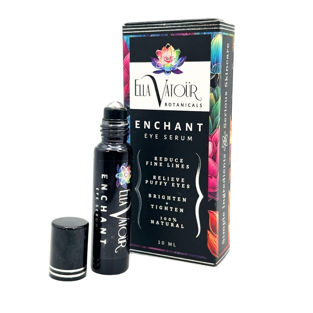 Blue tansy eye serum with a cooling steel rollerball applicator to soothe tired eyes and improve skin texture.