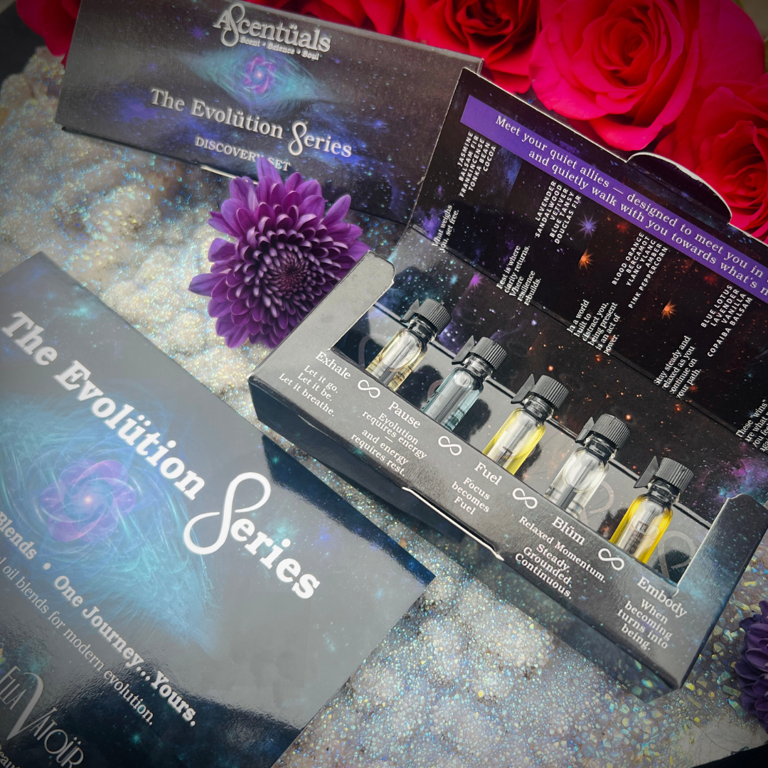 A discovery set postcard with QR codes for a guided scent experience, connecting mindfulness practices with functional fragrance.