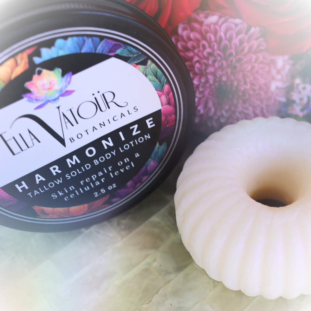 Premium packaging of Ella Vatoür Harmonize solid lotion, an eco-friendly and toxic-free alternative to liquid body lotions.