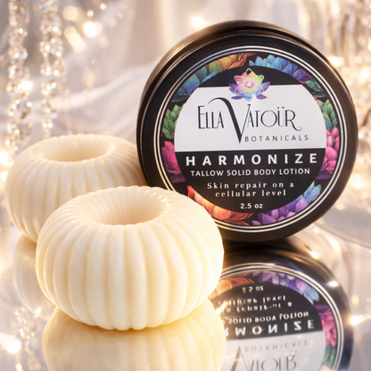Harmonize Solid Tallow Lotion Bar by Ella Vatoür, a waterless grass-fed tallow moisturizer for deep body nourishment.