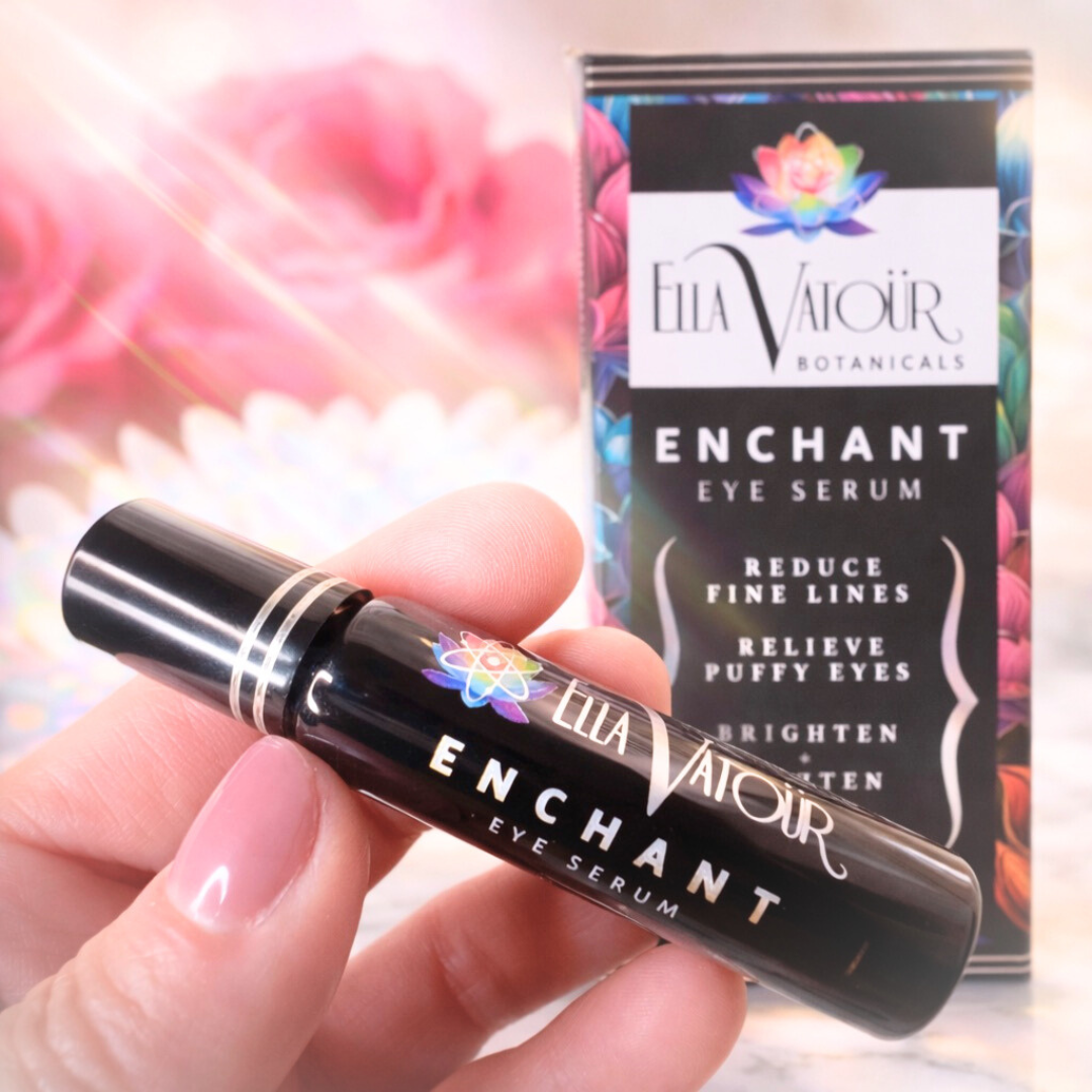A 10ml bottle of Enchant Eye Serum by Ella Vatoür, handcrafted organic eye treatment for dark circles and daily skin nourishment. A travel-friendly 10ml bottle of Enchant Eye Serum, a plant-based retinol alternative for daily under-eye care.