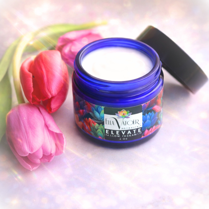 Close-up of white, whipped tallow balm texture with mango butter and prickly pear oil for smoothing dry skin.